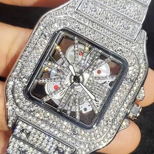 New Iced Out SeeThrough  Luxury Brand Men's Waterproof Quartz Watch With Rhines